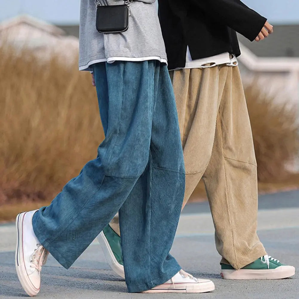 Autumn Men Pants Solid Color Wide Leg Elastic Waist Loose Straight Cor –  voguable