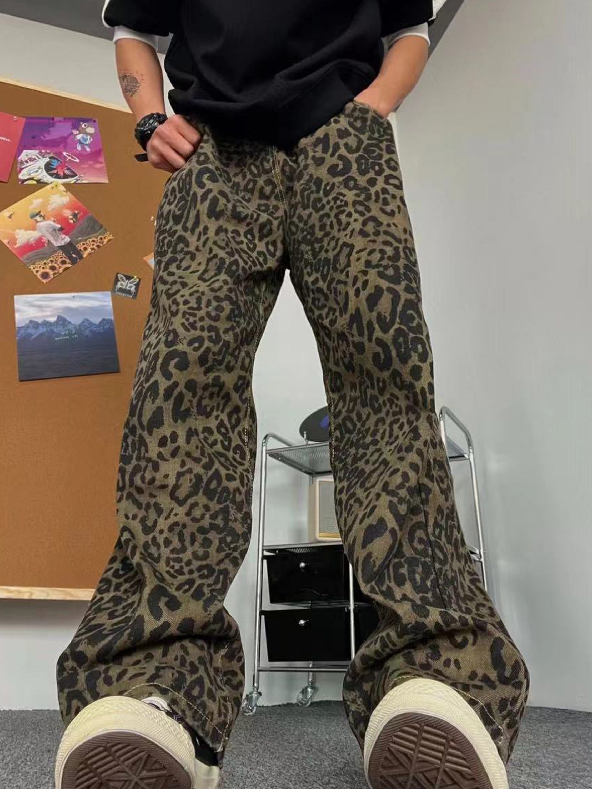 Fashionable Retro Leopard Print Jeans, Street Style Hip-hop Pants Suitable For Casual, Skateboarding, Cycling, Rap, And Street Dance Jeans voguable