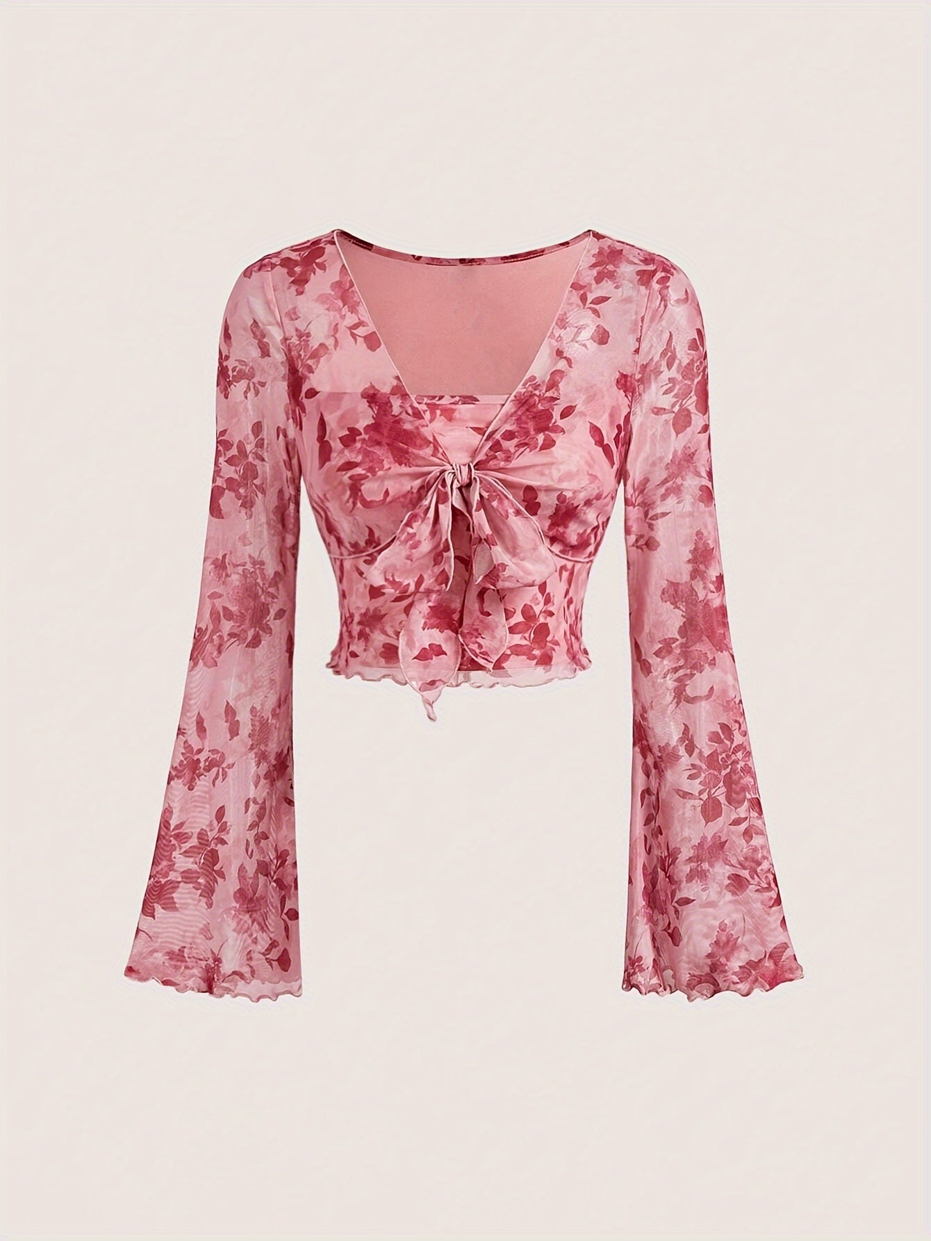 New Pink Chiffon French Horn Sleeve Tie Bow Top with Chic Sexy Floral Design Sense voguable