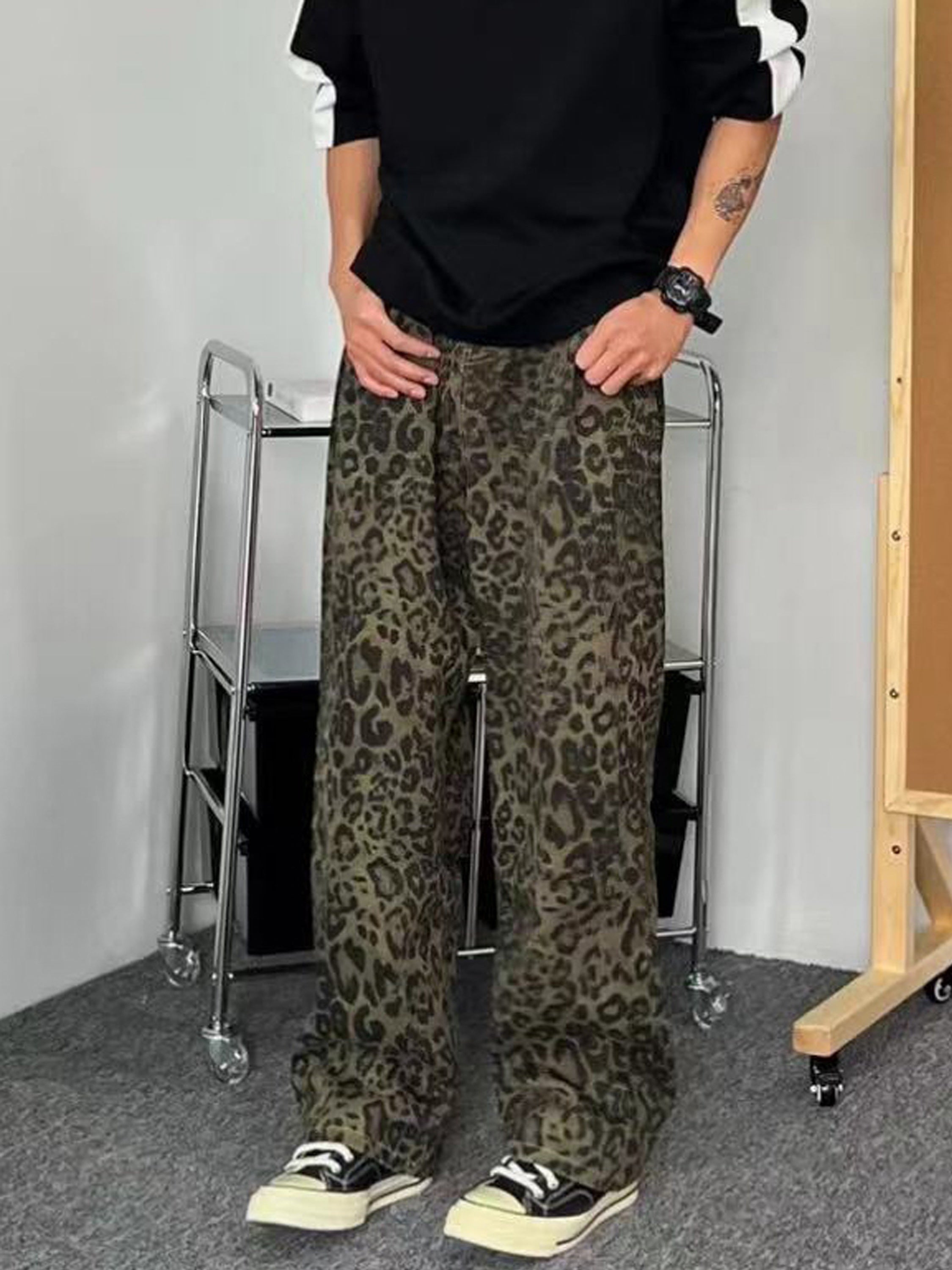 Fashionable Retro Leopard Print Jeans, Street Style Hip-hop Pants Suitable For Casual, Skateboarding, Cycling, Rap, And Street Dance Jeans voguable