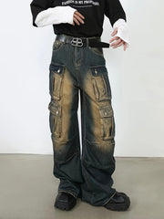 High Street Loose Straight Leg Denim Pants - Men's Casual American Retro Work Multi Pocket Wide Leg Jeans voguable