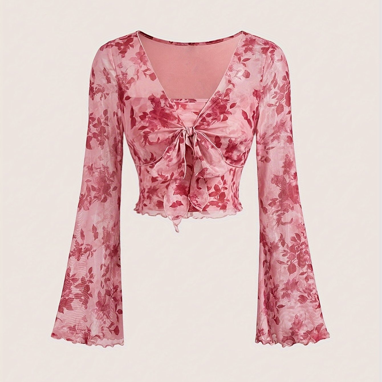 New Pink Chiffon French Horn Sleeve Tie Bow Top with Chic Sexy Floral Design Sense voguable