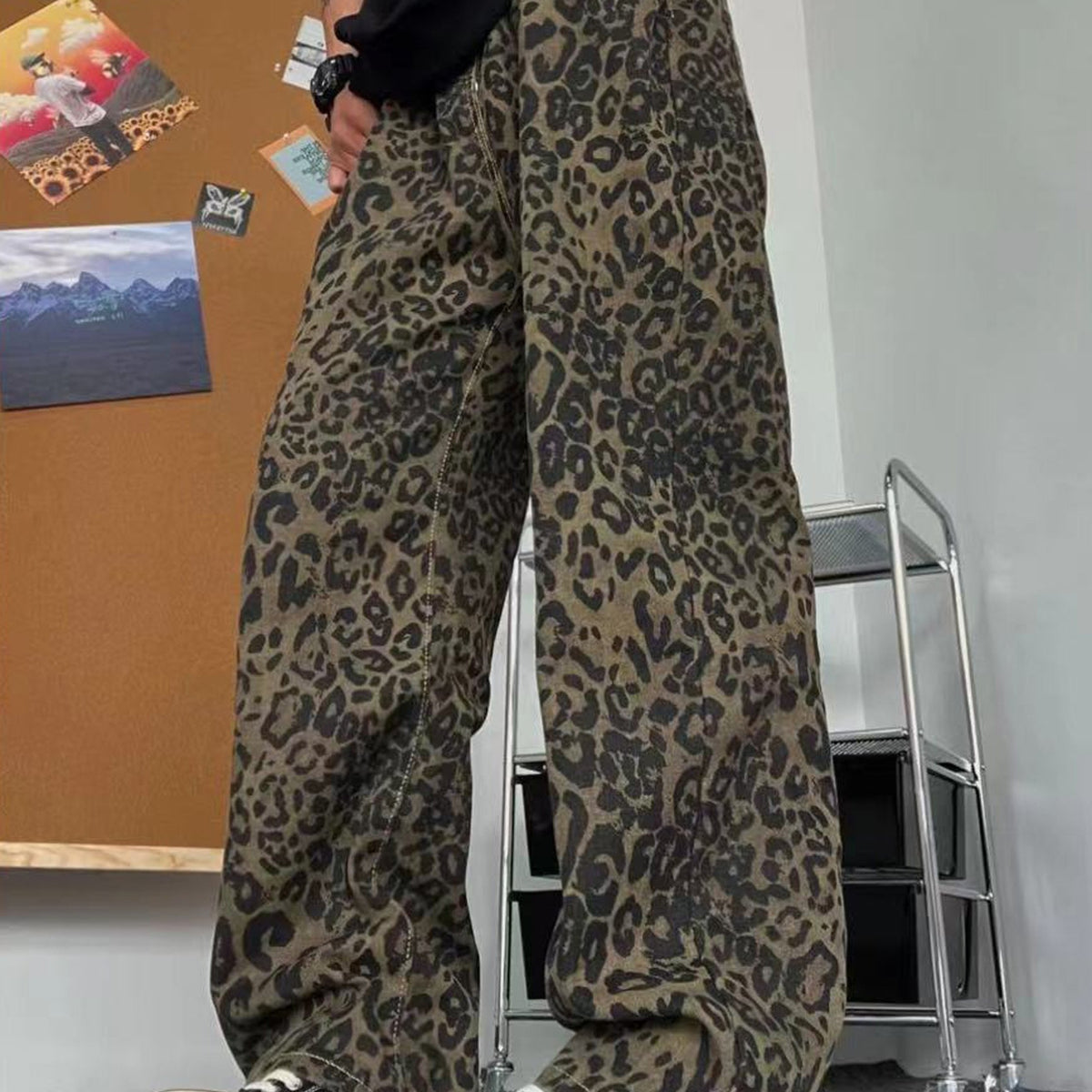 Fashionable Retro Leopard Print Jeans, Street Style Hip-hop Pants Suitable For Casual, Skateboarding, Cycling, Rap, And Street Dance Jeans voguable