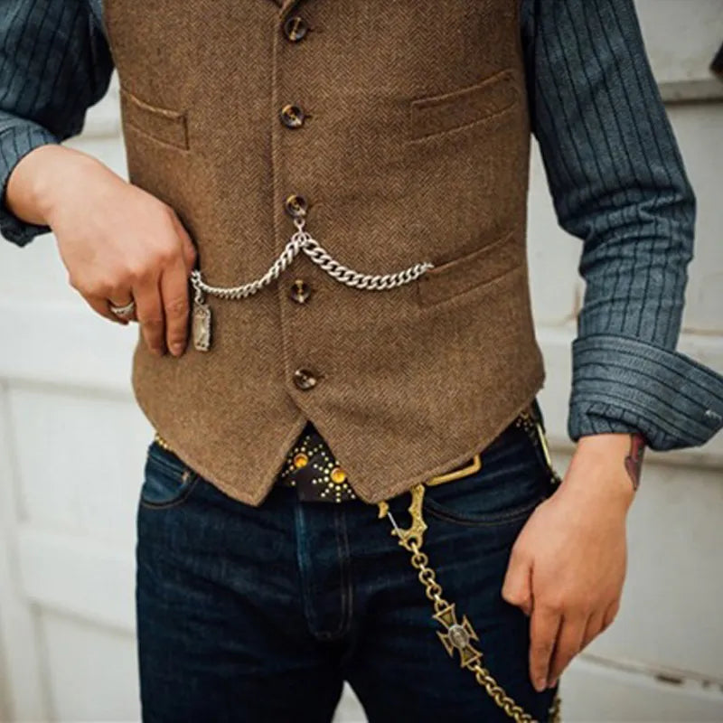 Men's Suit Vest Brown Wedding Wool Tweed Business Waistcoat Jacket Casual Slim Fit Gilet Homme Vests For Groosmen Man Wedding voguable