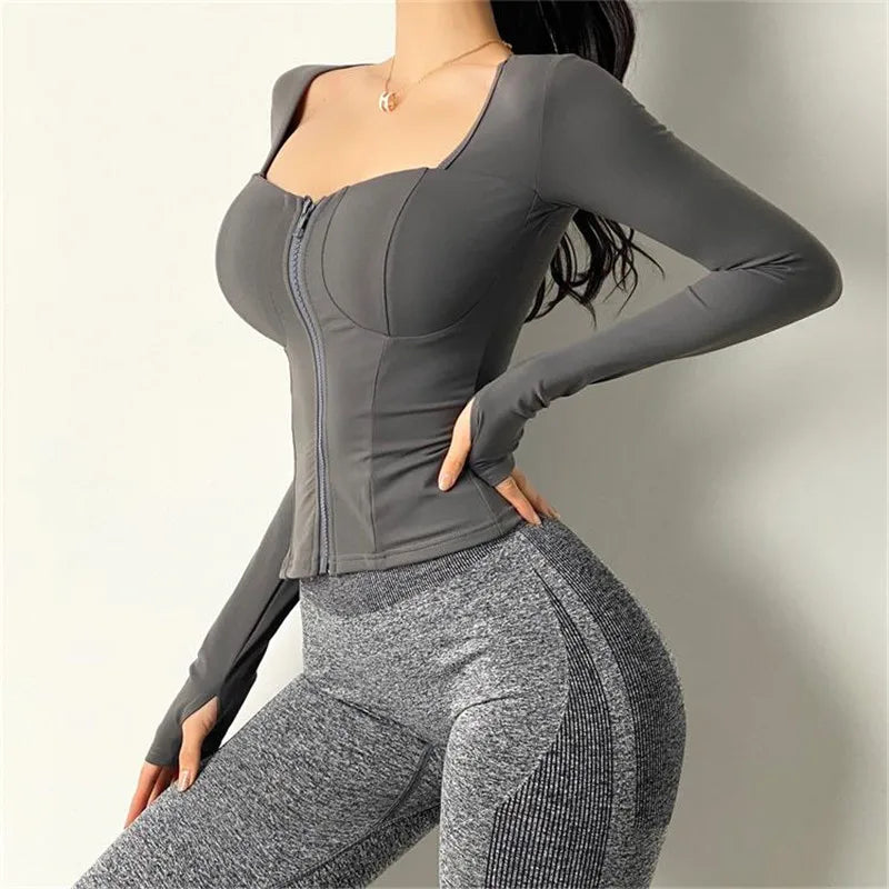 Women Inner Pad Yoga Shirt  Long Sleeve  Bodybuilding Yoga Top Sportswear Dry fit Gym Sport  Clothing Sportswear Workout Top voguable