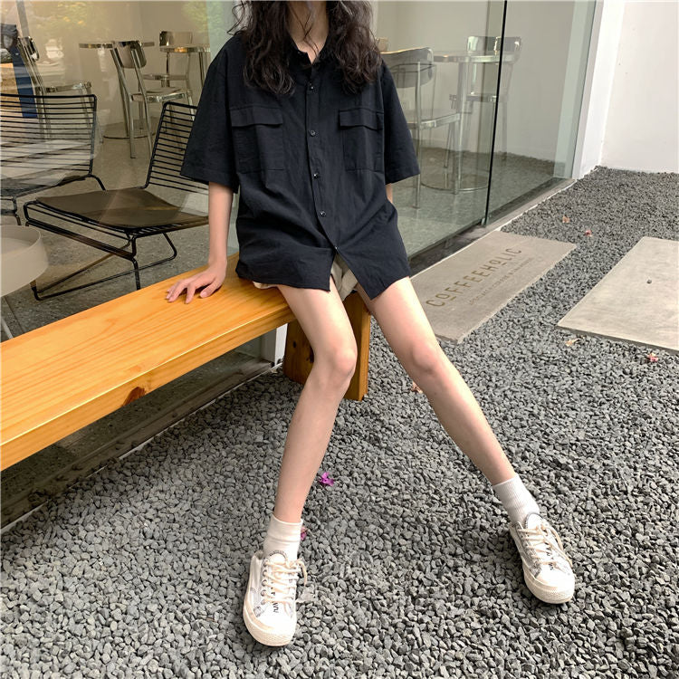 Blouses Women Japan Style Harajuku Simple Short Sleeve Summer Womens Chic Tops Retro All-match Pockets Trendy Girls Shirts New voguable