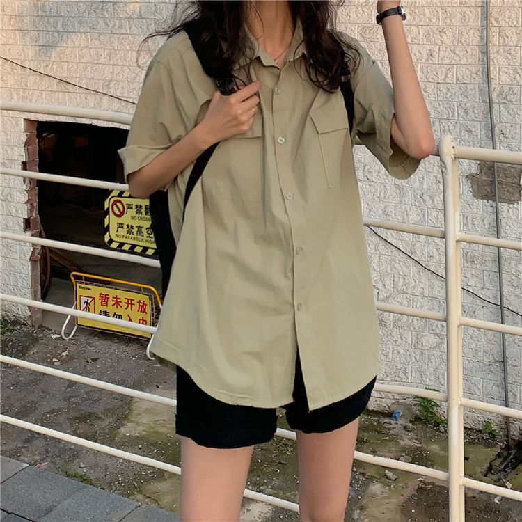 Blouses Women Japan Style Harajuku Simple Short Sleeve Summer Womens Chic Tops Retro All-match Pockets Trendy Girls Shirts New voguable