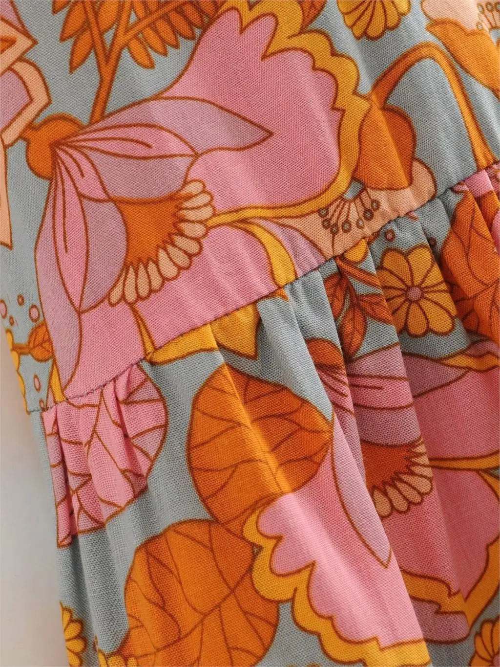 Voguable  Wood ears Lacing up O neck Orange Camellia Floral Print Short Sleeve Dress Retro Spliced Pleated Mini Short Dresses voguable