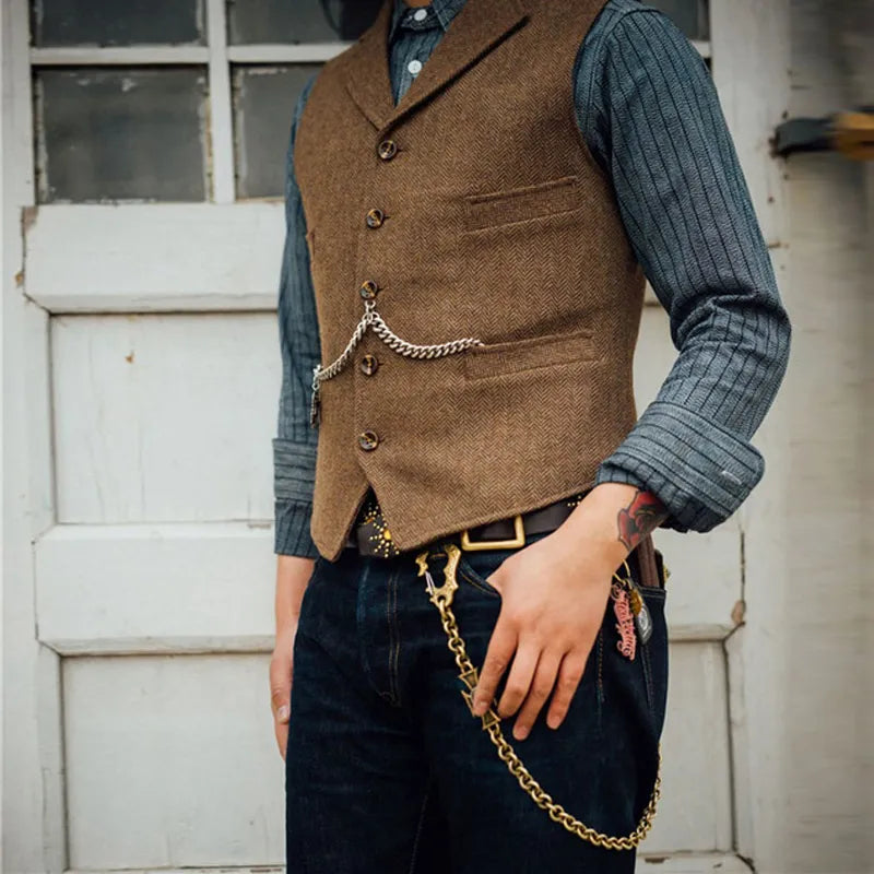 Men's Suit Vest Brown Wedding Wool Tweed Business Waistcoat Jacket Casual Slim Fit Gilet Homme Vests For Groosmen Man Wedding voguable