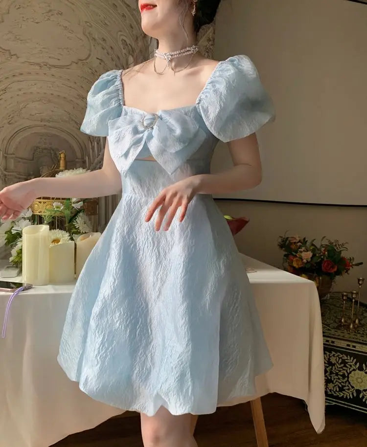 Voguable Blue Elegant Fairy Dress Women Summer 2021 Korean Puff Sleeve Party Princess Sweet Dress Female Kawaii High Waist Casual Dress voguable