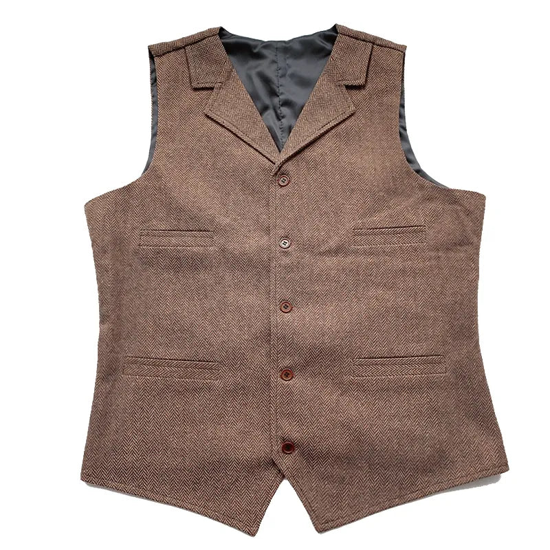 Men's Suit Vest Brown Wedding Wool Tweed Business Waistcoat Jacket Casual Slim Fit Gilet Homme Vests For Groosmen Man Wedding voguable