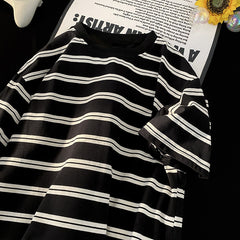 Voguable 90s streetwear Japanese Striped Short-Sleeved T-shirt Men's Summer Loose Casual Retro Niche Versatile Cotton round Neck Bottoming T-shirt voguable