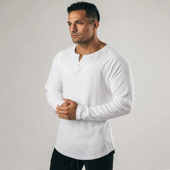 Voguable men’s fashion Retro Henley Shirt Long-Sleeved T-shirt Solid Color Sports Fitness Bottoming Shirt Men's Cotton Stretch Thin V-neck Cardigan voguable