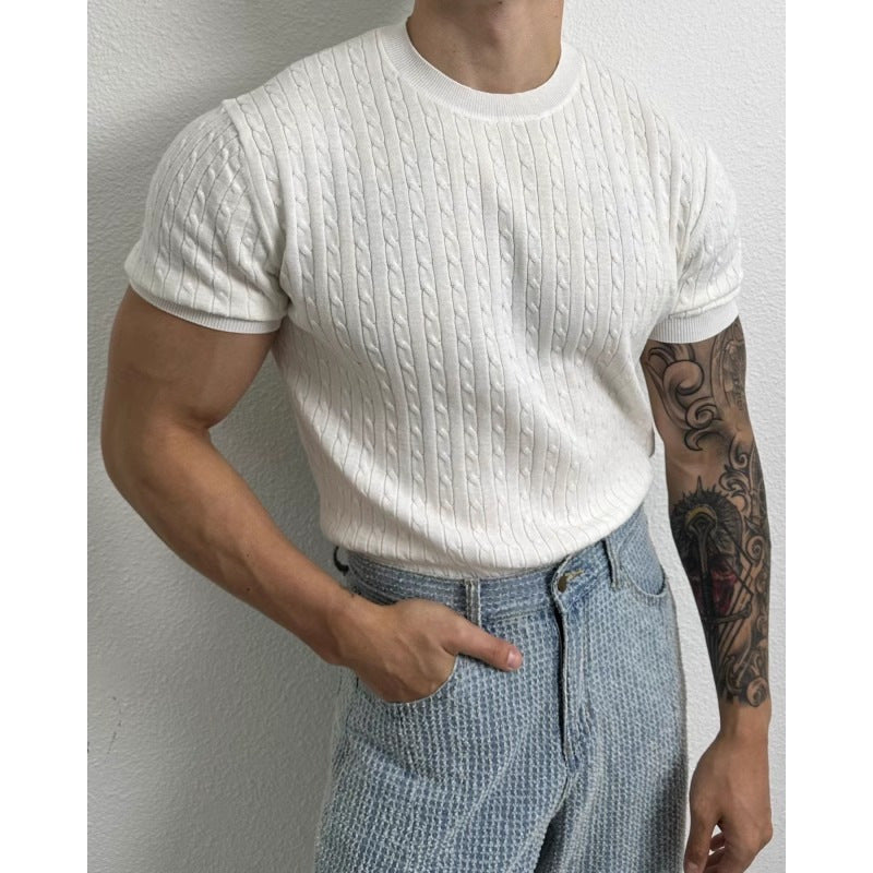 Voguable business casual men Summer Thin Linen Pattern round Neck Sweater Short Sleeve Men's Loose Trendy All-Match Stretch T-shirt Niche voguable