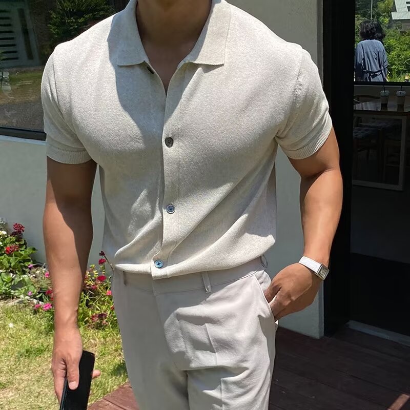 Voguable mens fashion Short-Sleeved Men's Summer New Trendy Men's All-Match Polo Shirt Casual Lapel T-shirt Lazy Style Cardigan Knitted T-shirt Trendy voguable