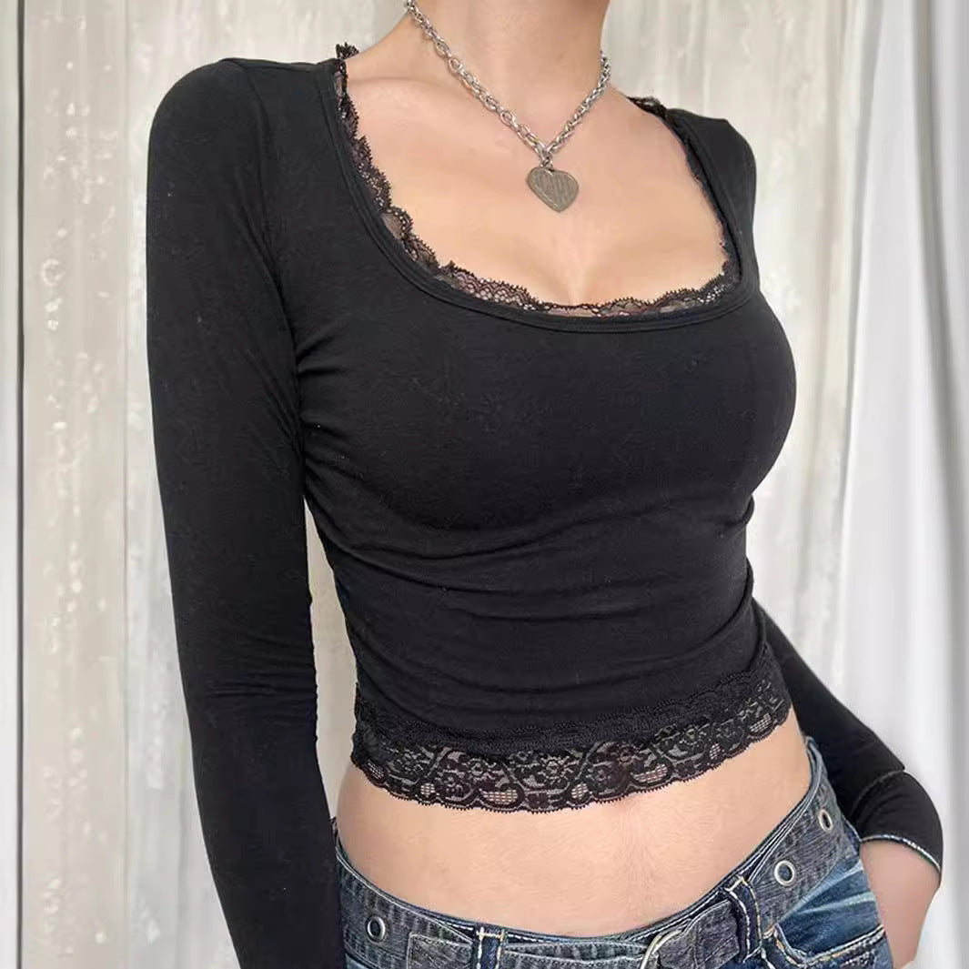 Voguable 2000s fashion Spring and Autumn Hot Girl Style Sexy U-Neck Lace Bow Stitching Slim Slimming Long Sleeve Y2g Bottoming Shirt T-shirt voguable