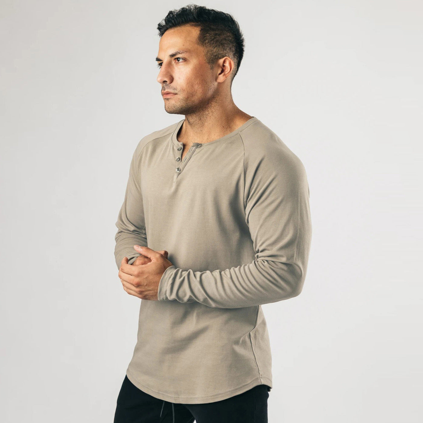 Voguable men’s fashion Retro Henley Shirt Long-Sleeved T-shirt Solid Color Sports Fitness Bottoming Shirt Men's Cotton Stretch Thin V-neck Cardigan voguable