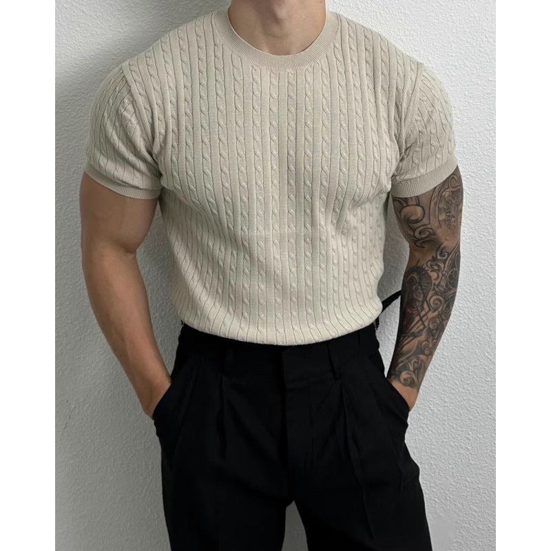 Voguable business casual men Summer Thin Linen Pattern round Neck Sweater Short Sleeve Men's Loose Trendy All-Match Stretch T-shirt Niche voguable