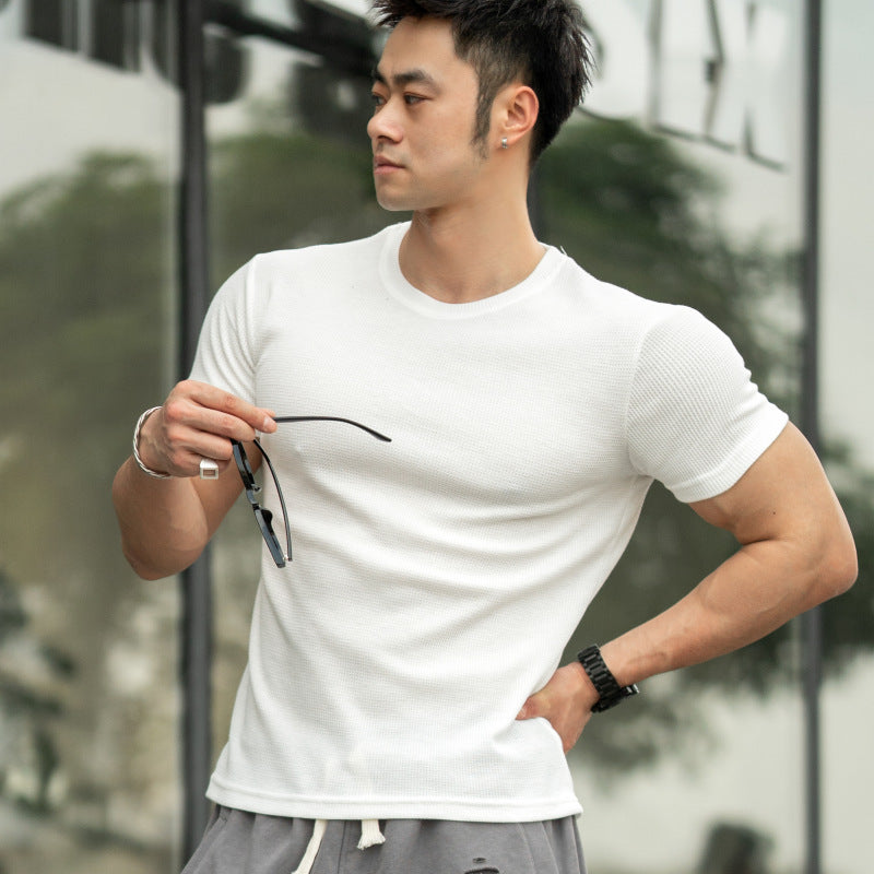 Voguable masculine men American-Style Thickened Fitness Men's Summer round Neck Short Sleeve Stretch Slim Fit Sports Trendy Bodybuilding Outdoor Quick-Drying T-shirt voguable