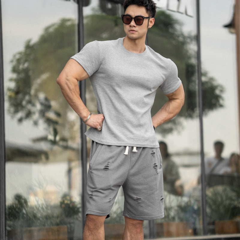 Voguable masculine men American-Style Thickened Fitness Men's Summer round Neck Short Sleeve Stretch Slim Fit Sports Trendy Bodybuilding Outdoor Quick-Drying T-shirt voguable