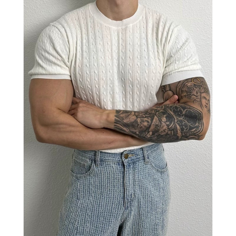 Voguable business casual men Summer Thin Linen Pattern round Neck Sweater Short Sleeve Men's Loose Trendy All-Match Stretch T-shirt Niche voguable