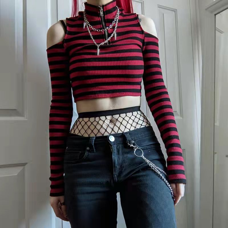 Voguable 2000s fashion Contrast Color Striped off-the-Shoulder Slim-Fit Short Knitted Long-Sleeved T-shirt Top Spring New voguable