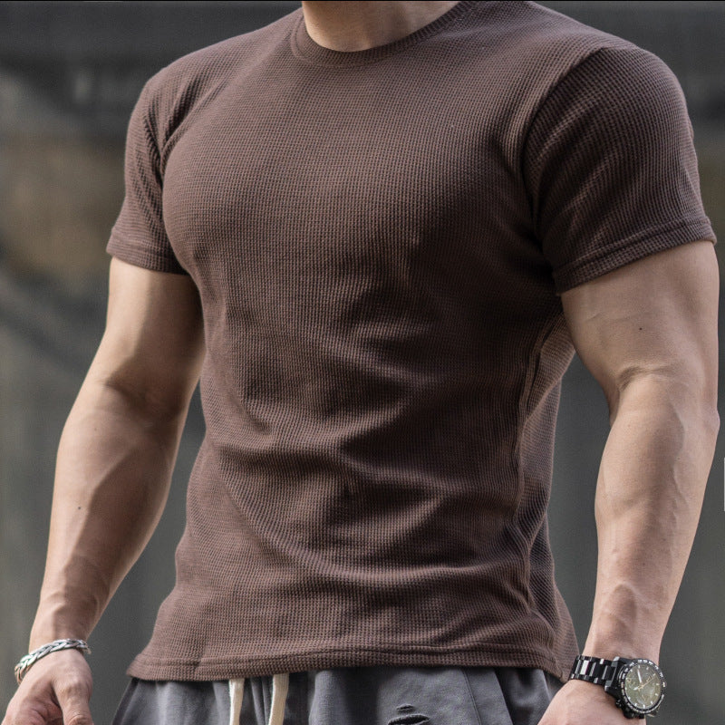 Voguable masculine men American-Style Thickened Fitness Men's Summer round Neck Short Sleeve Stretch Slim Fit Sports Trendy Bodybuilding Outdoor Quick-Drying T-shirt voguable