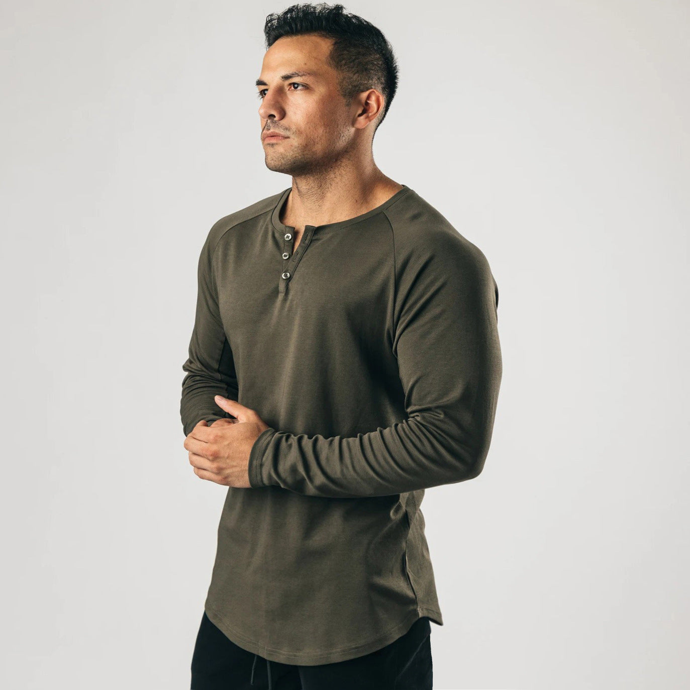 Voguable men’s fashion Retro Henley Shirt Long-Sleeved T-shirt Solid Color Sports Fitness Bottoming Shirt Men's Cotton Stretch Thin V-neck Cardigan voguable