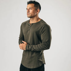 Voguable men’s fashion Retro Henley Shirt Long-Sleeved T-shirt Solid Color Sports Fitness Bottoming Shirt Men's Cotton Stretch Thin V-neck Cardigan voguable