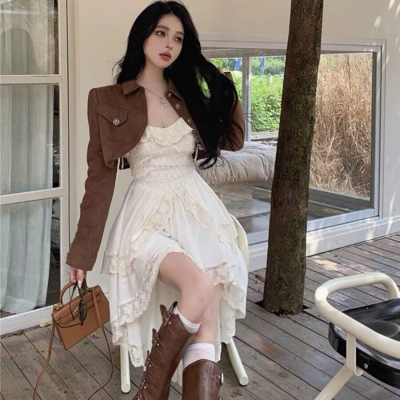 Voguable 2000s fashion Pure Desire Temperament Sling Dress Women's Early Autumn Popular Suit Retro Motorcycle Short Coat Two-Piece Set voguable