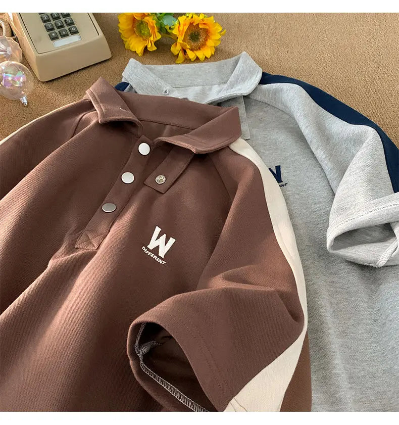 Short-sleeved men's polo shirt summer new half high lapel T-shirt trendy brand trend versatile five-point half sleeve y2k tops voguable