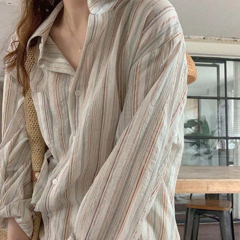 Y2k Lazy Fashion Casual Retro Pinstripe Shirt Women Spring Comfortable Tops Stand Collar Loose Lazy Breathable Sunscreen Clothes voguable