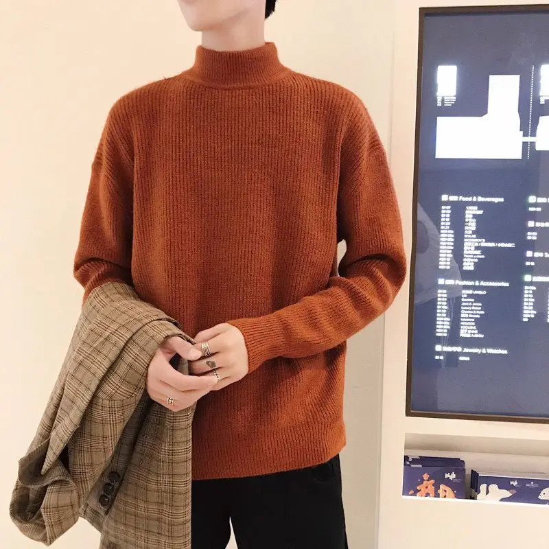 Autumn Winter New Fashion Long Sleeve Half High Collar Solid Pullovers Men's Clothing All-match Knitting Korean Simplicity Top voguable