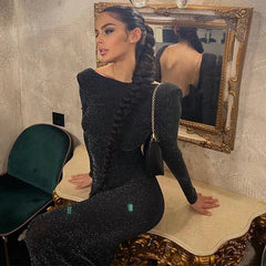 Sexy Backless Shirring Bright Silk Slim Evening Long Dress Female Slash Neck Long Sleeve Perspective Night Partywear voguable
