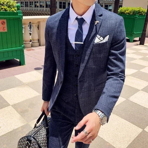 Voguable Men's Suit Jacket Vest Pants Fashion Boutique Plaid Casual Business Male Groom Wedding Tuxedo Dress 3 Pieces Set Blazers Coat voguable