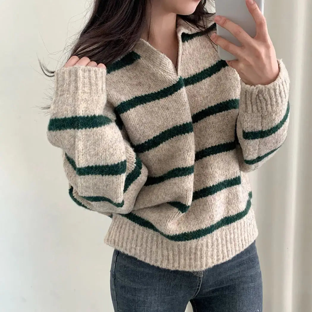 Large size Korean style lapel slimming contrast striped sweater women's winter long-sleeved loose pullover sweater y2k tops voguable