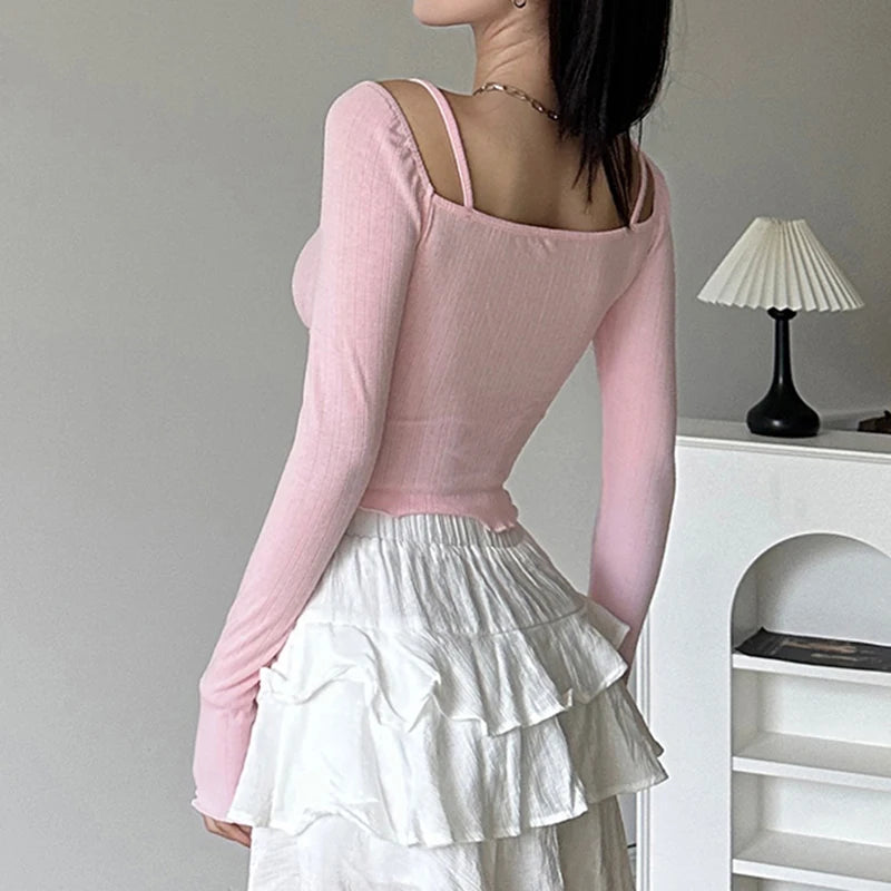 Voguable  Sweet Lace Stitching V-neck Skinny Top Pink Coquette Aesthetic Slim-fit Long Sleeve Knitted T-shirts Cute Casual Tees voguable