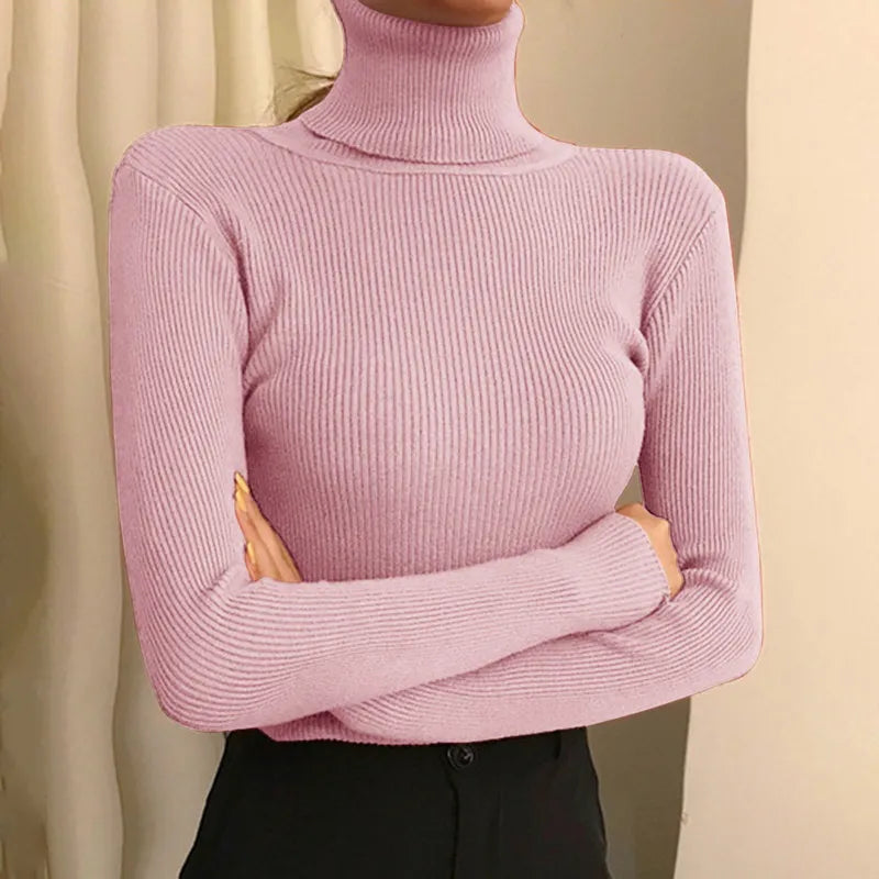 Elegant Solid Basic Knitted Tops Women Turtlneck Sweater Long Sleeve Casual Slim Pullover Korean Fashion Simple Chic Clothes voguable