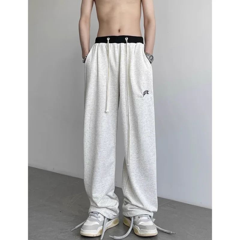 Autumn Winter New Fashion Elastic Waist Drawstring Pockets Solid American Style Men's Clothing Wide Leg Trousers All-match Pants voguable