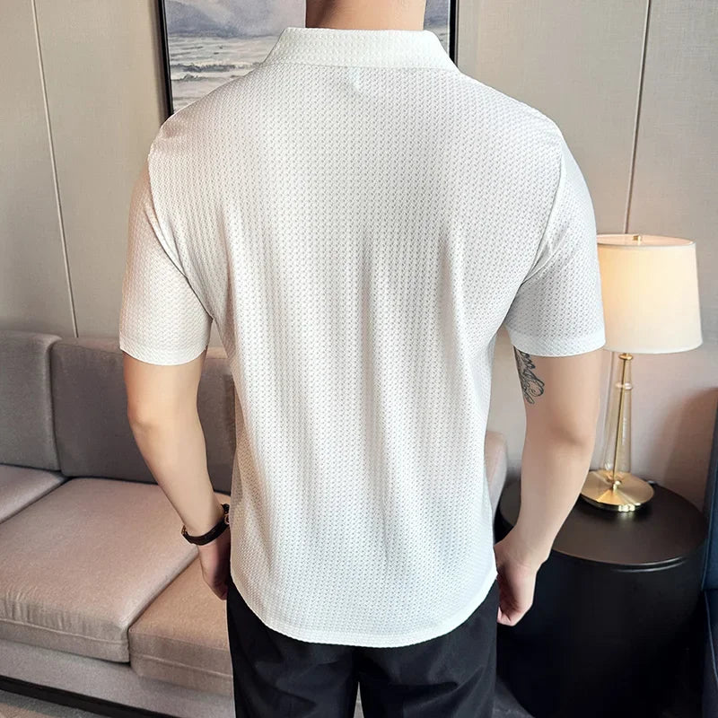 Men Waffle Polo Shirt 2024 British Style Summer Ice Silk Thin Solid Casual Elastic Slim Fit Short Sleeved T-shirt Men Clothing voguable