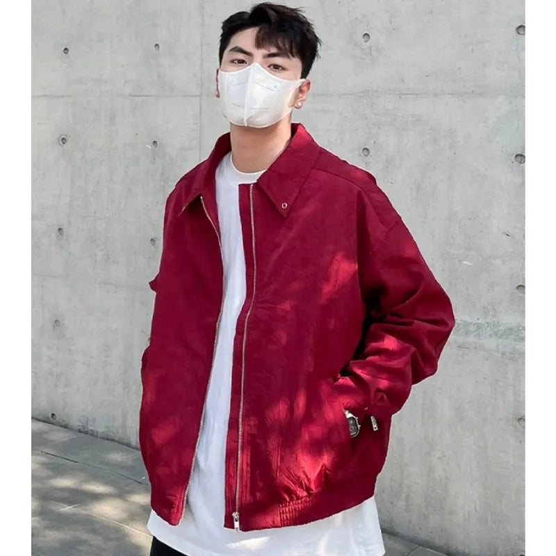 Autumn New Korean Fashion Men Jacket Red Pleated High-end Zipper Coat Casual Lapel American Vintage Jackets for Men and Women voguable