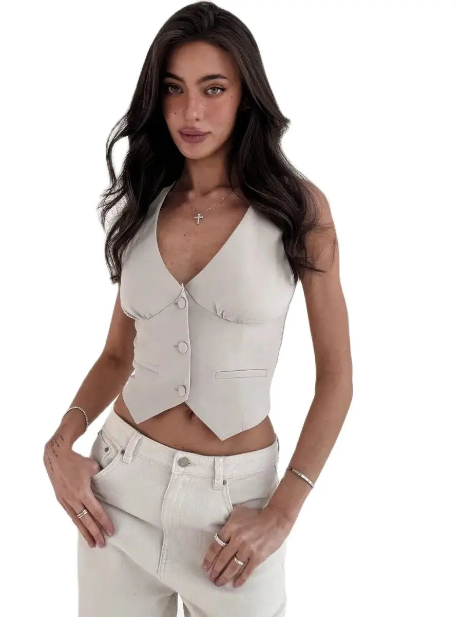 Cross-border 2024 new European style women's sexy short cardigan buckle vest vest voguable