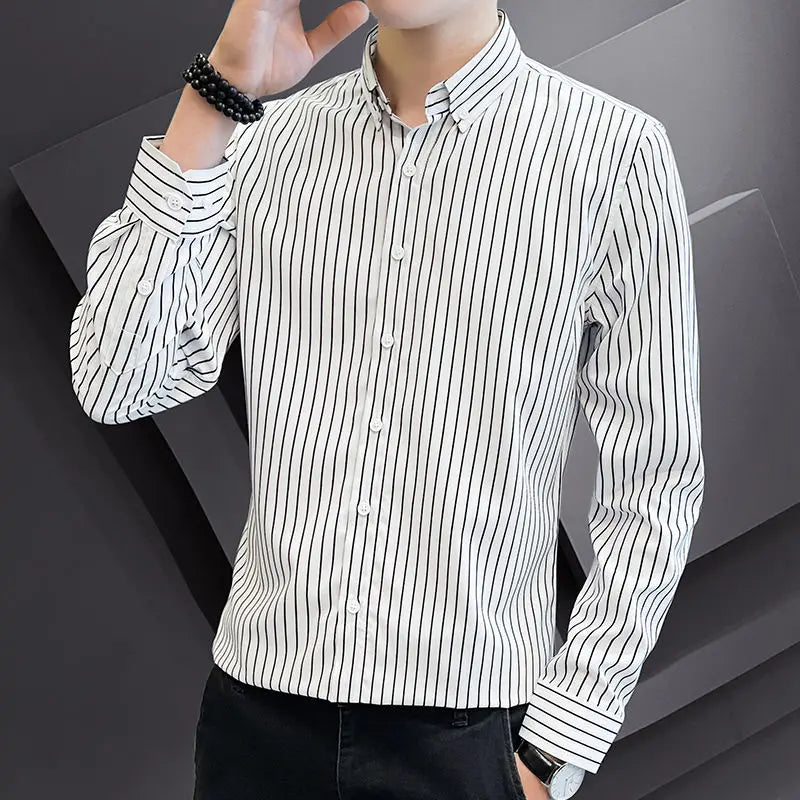 Spring Autumn New Fashion Turn-down Collar Long Sleeve Striped Blouse Men's Clothing Casual Korean All-match Youth Loose Shirts voguable