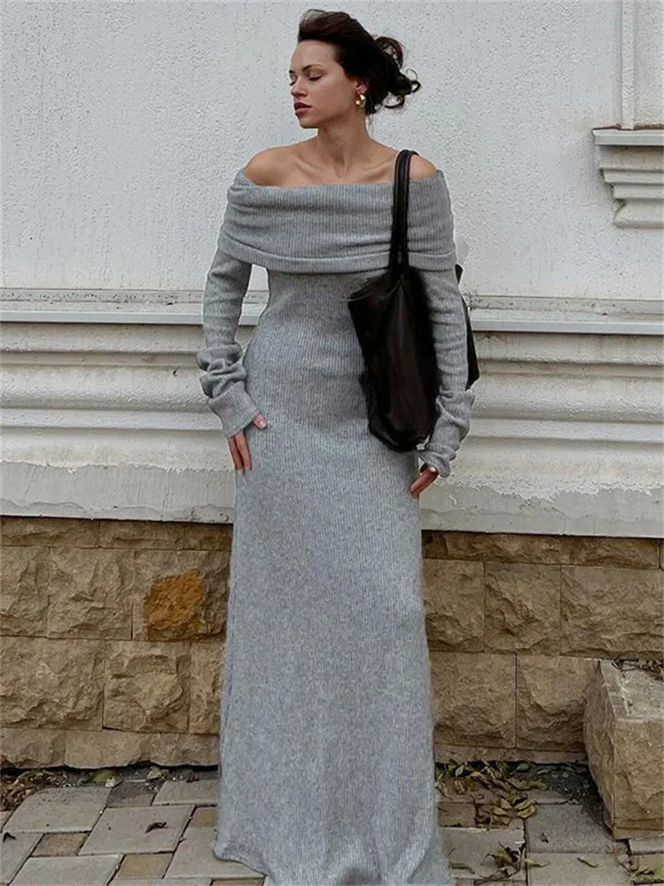 Off-Shoulder Knit Long Dress Women High Waist Slim Elegant Fashion Pleated Maxi Dress Long Sleeve Backless Knitwear Dress Pbong