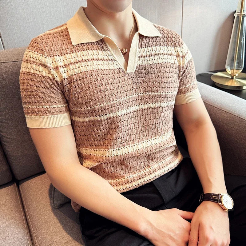 Men Knitted Polo Shirt 2024 Summer New Thin Striped Jacquard Patchwork Color Short Sleeved Casual V-neck T-shirt Men Clothing voguable