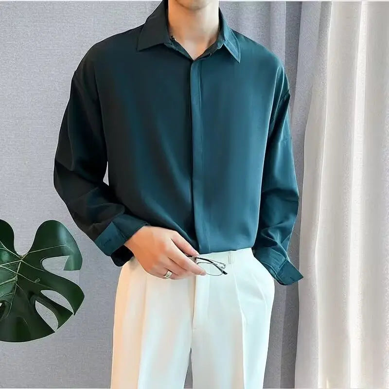 2024 High-end All-match Thin Ice Silk Shirts for Men Long Sleeve Hidden Buttons Loose Business Casual Luxury Drape White Shirt voguable