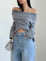 Voguable Sexy Women Off Shoulder Knit Slash Collar Sweater Open Buttons Front Slit Slim Knitwear Full Sleeve Jumper Knitwear Tops White voguable
