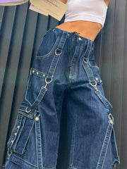 Y2k Bandage Cargo Jeans Punk Metal Blue Baggy Streetwear Pants Women Korean Grunge Aesthetic Jeans Stylish Vintage 90s voguable