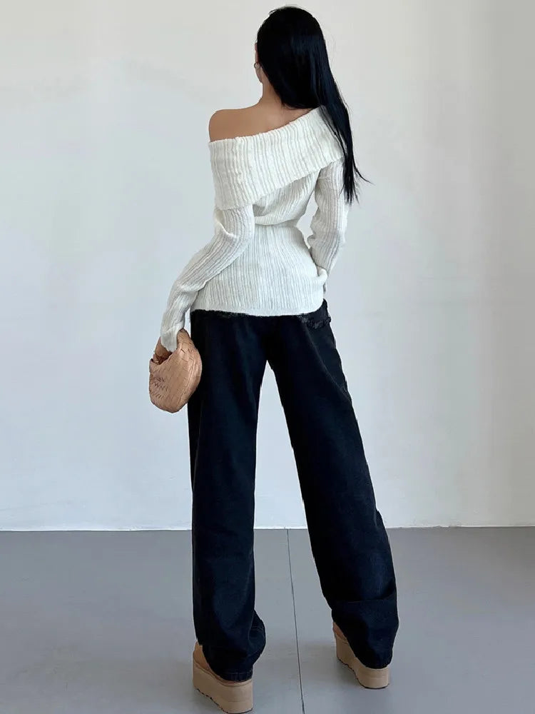 Voguable Sexy Women Off Shoulder Knit Slash Collar Sweater Open Buttons Front Slit Slim Knitwear Full Sleeve Jumper Knitwear Tops White voguable