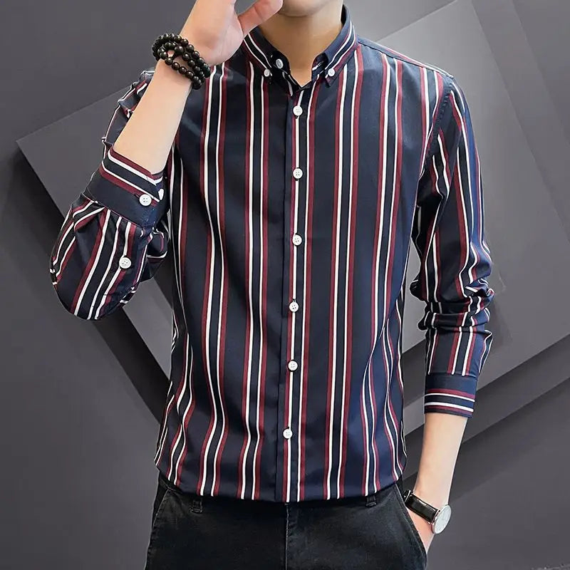 Spring Autumn New Fashion Turn-down Collar Long Sleeve Striped Blouse Men's Clothing Casual Korean All-match Youth Loose Shirts voguable